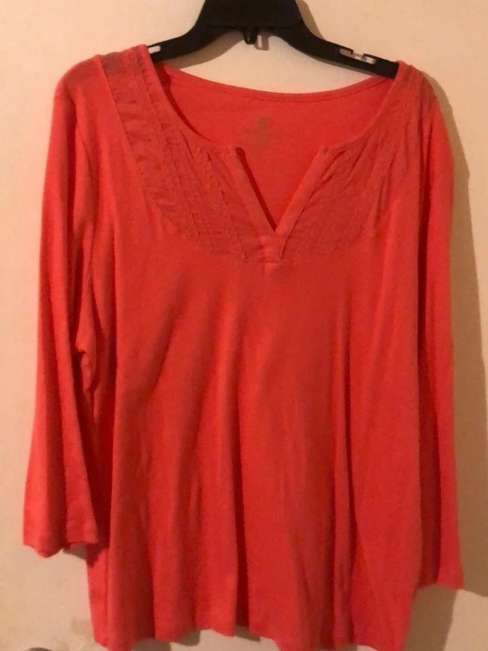 Faded, glory Tonal Lace Print Notch Neck 3/4 Sleeve Top Red